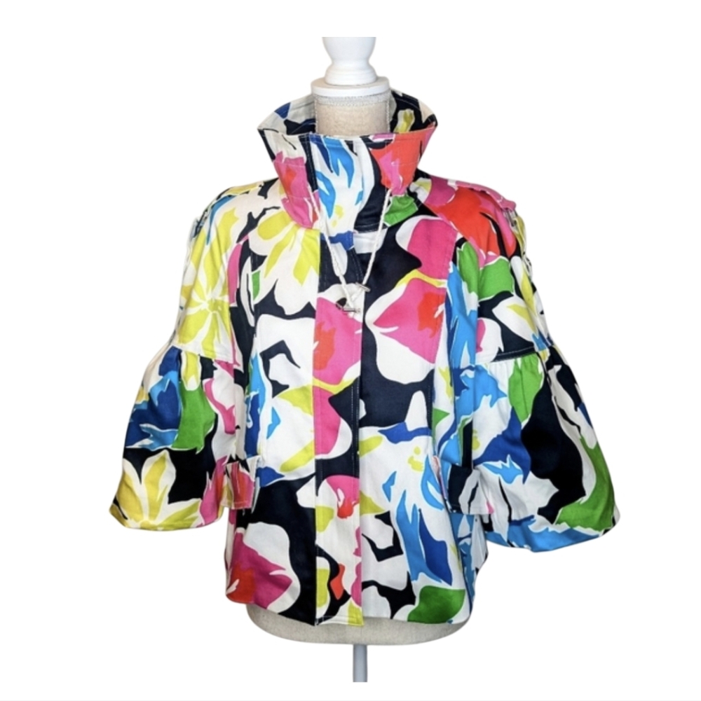 Cache' Multicolor Cropped Floral & Geometric Jacket With Puffer Sleeves
